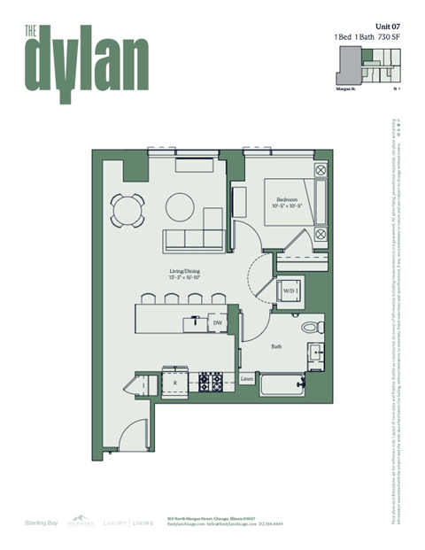 Floor plan for 1 bed, 1 bath, 730 sqft
